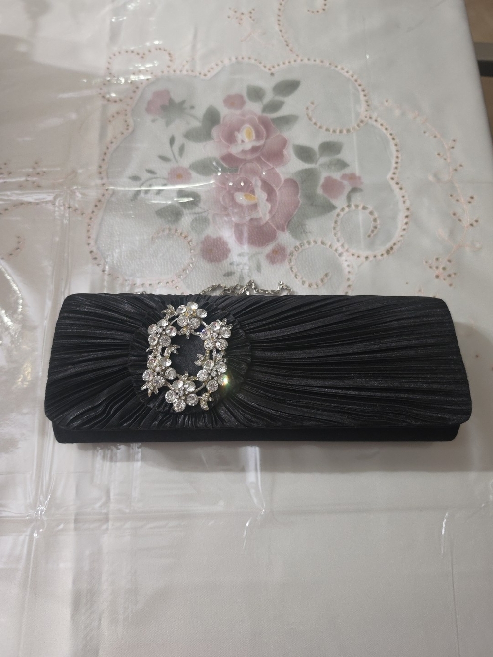 Black Evening Clutch with Crystal Floral Brooch